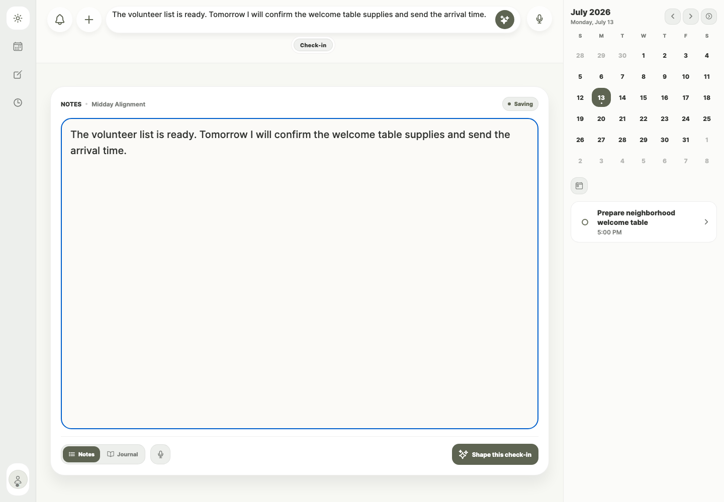 RoozCast desktop check-in composer filled with a fictional neighborhood welcome reflection.