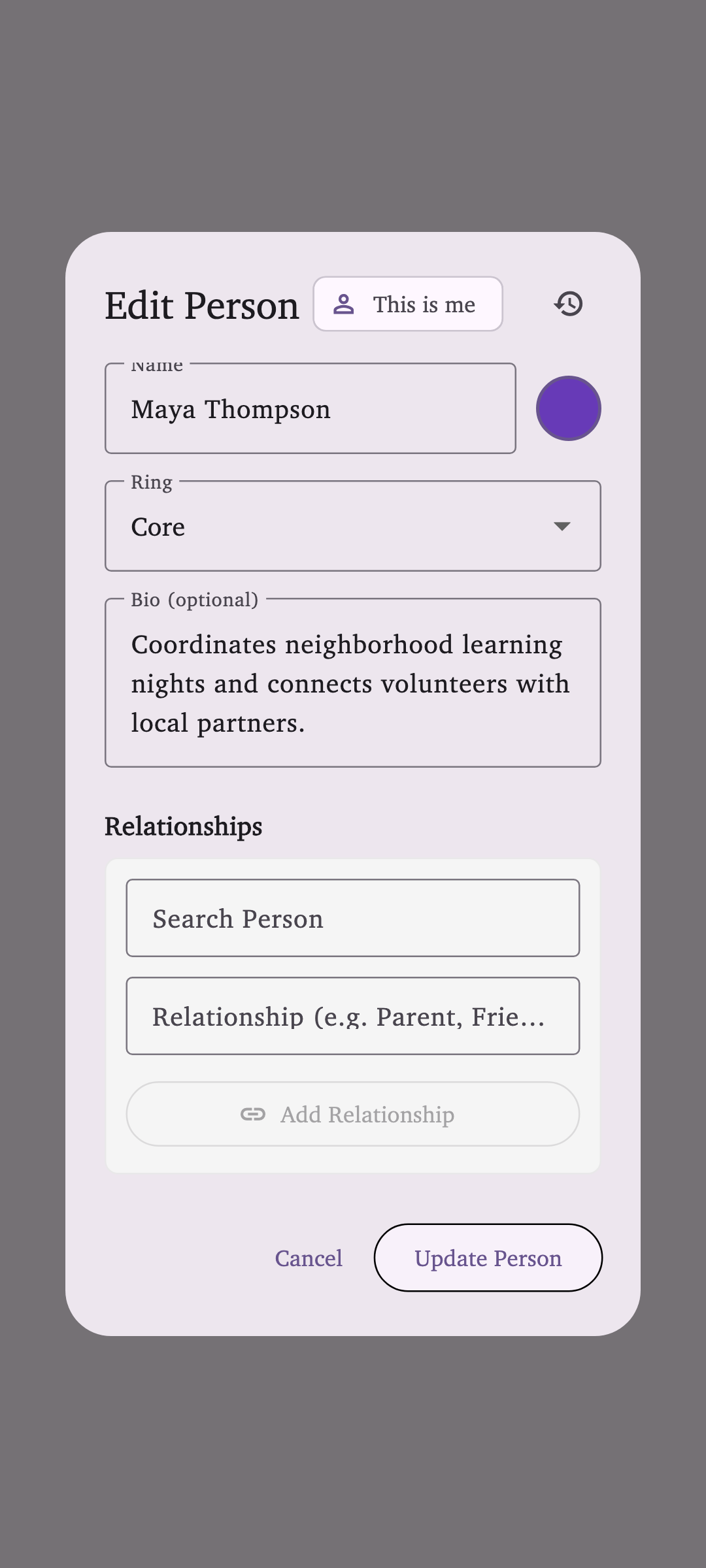 MyCircles person editor showing fictional relationship information for Maya Thompson.