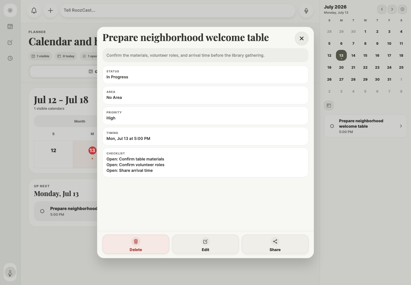 RoozCast Planner detail dialog showing a fictional neighborhood welcome task and checklist.