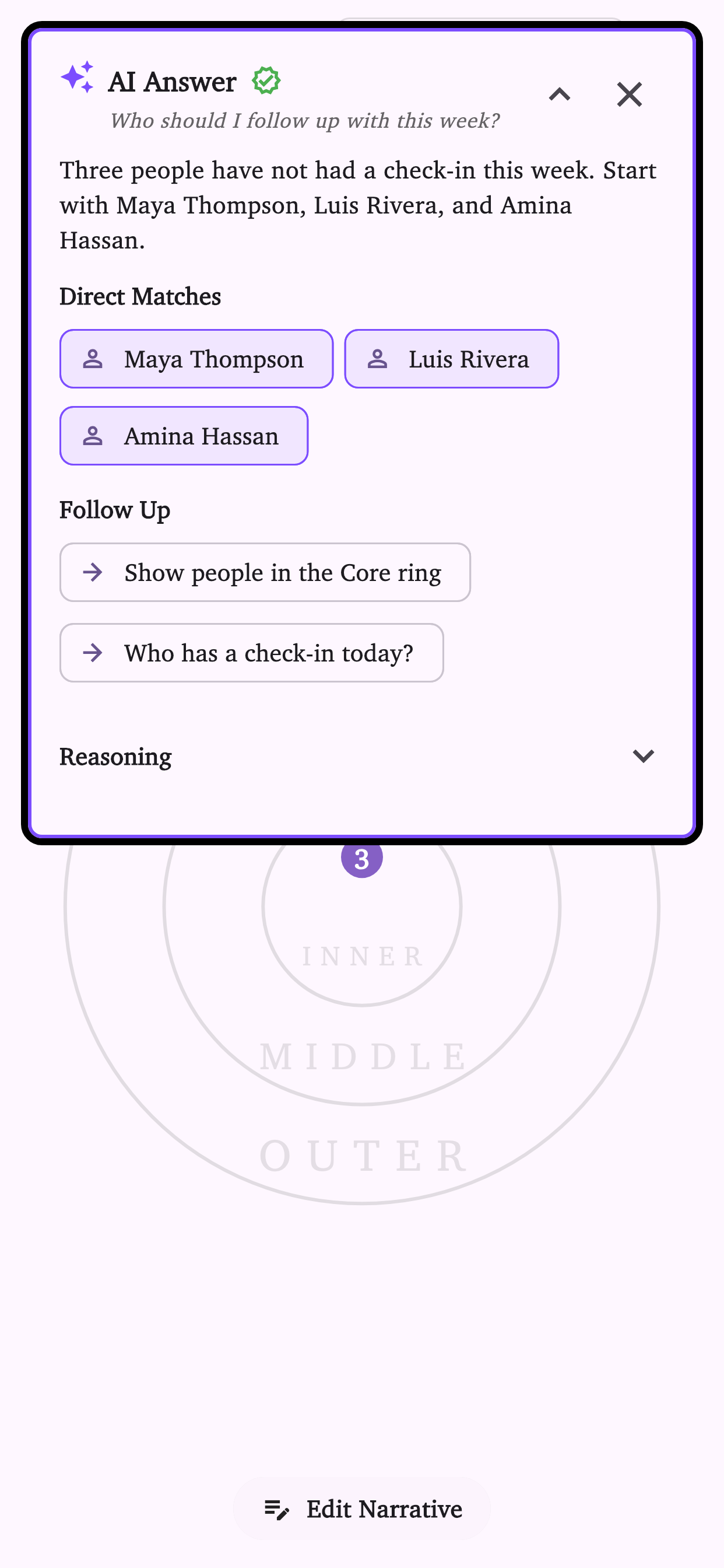 MyCircles AI Ask panel showing a fictional follow-up answer over the community relationship galaxy.