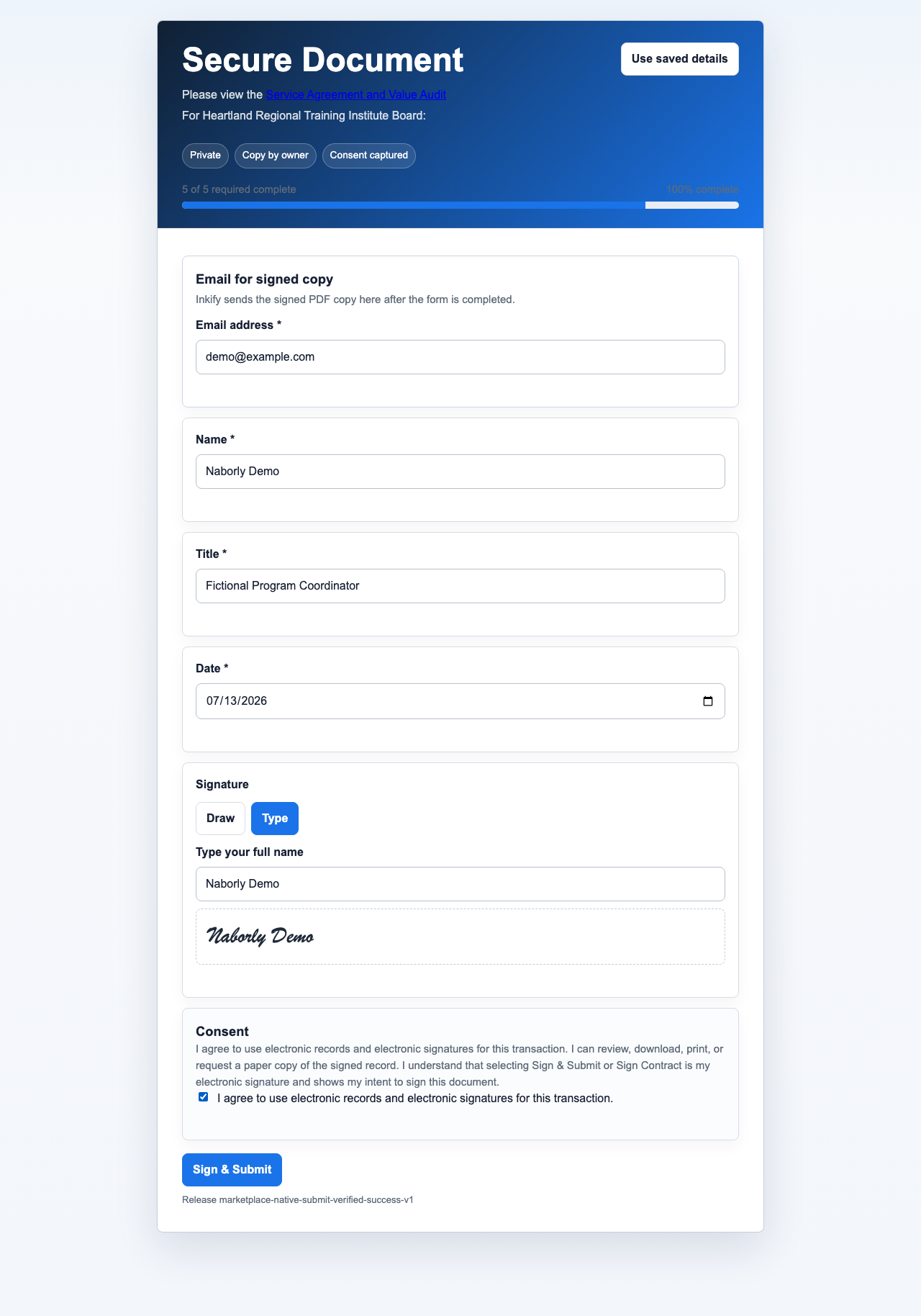 Inkify signer page completed with fictional Naborly Demo details and a visibly fictional typed signature.